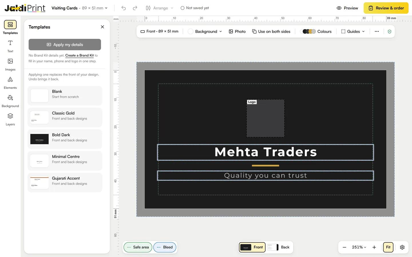 The JaldiPrint Design Studio with the Bold Dark visiting-card template open, its template list on the left