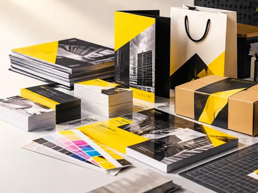 Printed brochures, visiting cards, a folder, a paper bag and a packed box in yellow and black on a work table